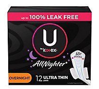 U by Kotex AllNighter Overnight Ultra Thin Pads With Wings - 12 Count