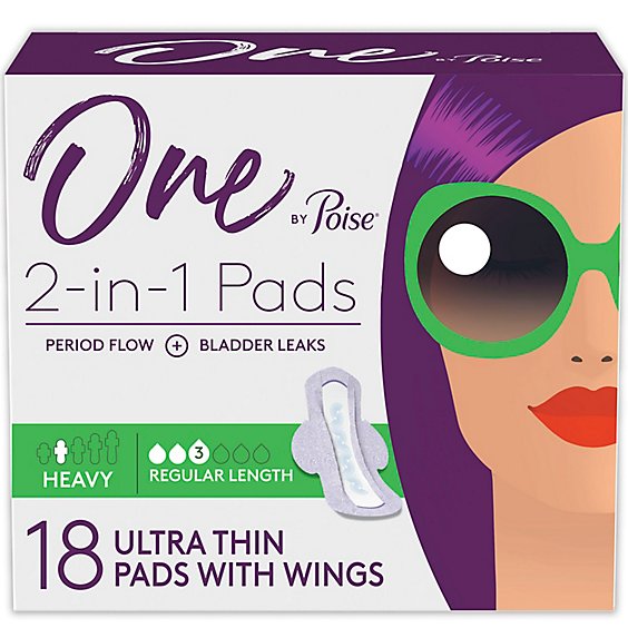 One by Poise 2 in 1 Period and Bladder Leakage Pads for Women with Wings  - 18 Count