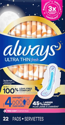 Always Ultra Thin Overnight Absorbency Size 4 Scented Pads with Wings - 22 Count - Image 2