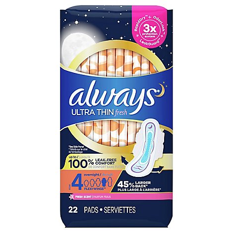 Always Ultra Thin Pads Overnight Absorbency With Wings Size 4 Fresh Scent - 22 Count