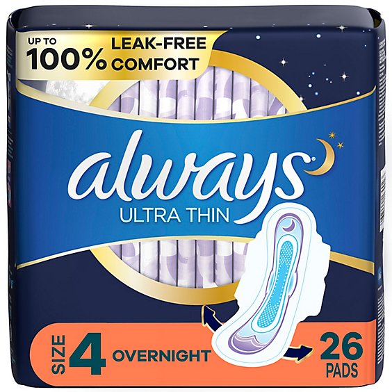 Always Ultra Thin Pads Size 4 Overnight Absorbency Unscented With Wings - 26 Count