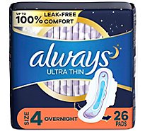 Always Ultra Thin Pads Size 4 Overnight Absorbency Unscented With Wings - 26 Count