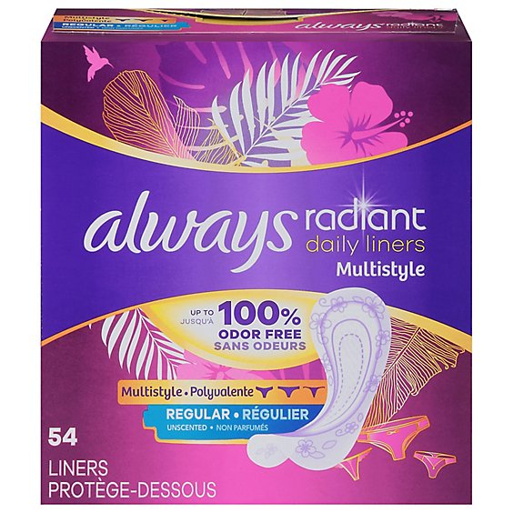 Always Radiant Regular Absorbency Unscented Odor Free Daily Multistyle Liners - 54 Count