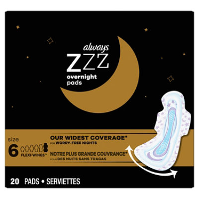 Always ZZZ Overnight Pads for Women Size 6 Unscented with Wings