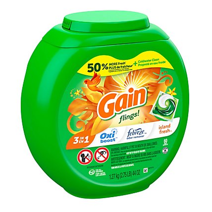 Gain Flings! Liquid Laundry Detergent Pacs HE Compatible Island Fresh Scent - 60 Count - Image 2