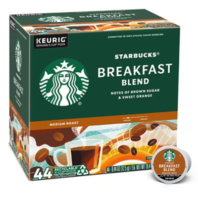 Starbucks Breakfast Blend 100% Arabica Medium Roast K Cup Coffee Pods Box 44 Count - Each - Image 1