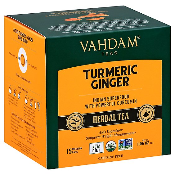 Vahdam Organic Turmeric Ginger Herbal Tea 15 Count - 1.06 Oz