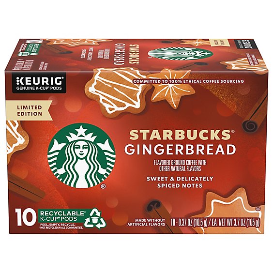 Starbucks 100% Arabica Naturally Flavored Gingerbread K Cup Coffee Pods Box 10 Count - Each