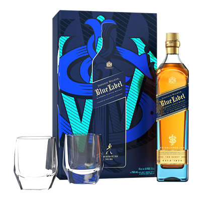 Johnnie Walker Blue Label Blended Scotch Whisky Bottle with Two Crystal Glasses - 750 Ml - Image 1