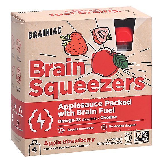Brainiac Brain Squeezers Strawberry Applesauce with Brain Fuel Pack - 4-3.2 Oz