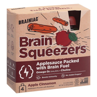Brainiac Brain Squeezers Apple Cinnamon Applesauce with Brain Fuel Pack - 4-3.2 Oz