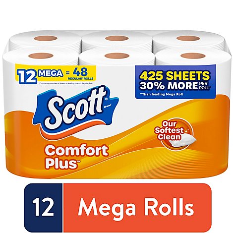 Scott ComfortPlus Toilet Paper Mega Rolls 1 Ply Toilet Tissue - 12 Roll