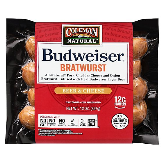 Coleman Natural Budweiser Bratwurst  Beer & Cheese - 12 OZ