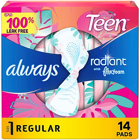 Always Radiant Teen Reg Pad Unsntd W Wng - 14 CT