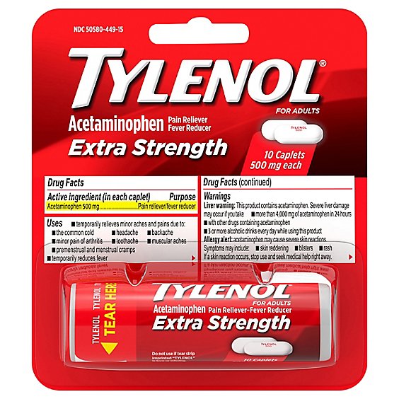 Tylenol Extra Strength Pain Reliever Fever Reducer For Adults Caplets Blister Pack - 10 Count