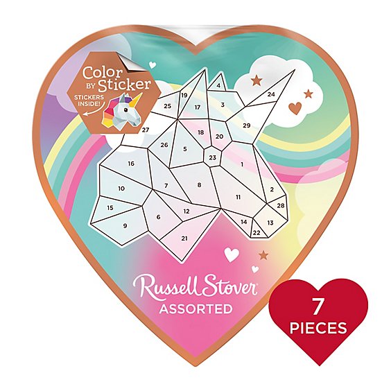 RUSSELL STOVER Valentine's Color Sticker Unicorn Assorted Milk & Dark Chocolate Gift Box - 4.03 Oz