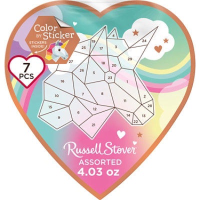 RUSSELL STOVER Valentine's Color Sticker Unicorn Assorted Milk & Dark Chocolate Gift Box - 4.03 Oz