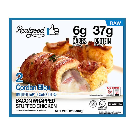 Real Good Foods Low Carb Thick Cut Bacon Wrapped Chicken Cordon Bleu - 12 OZ