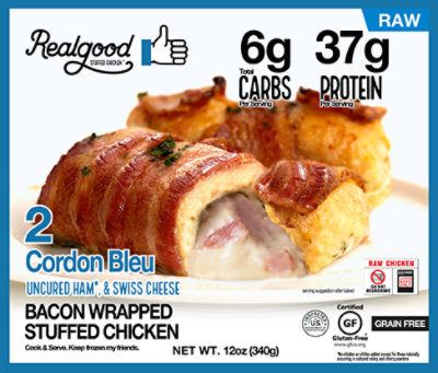 Real Good Foods Low Carb Thick Cut Bacon Wrapped Chicken Cordon Bleu - 12 OZ