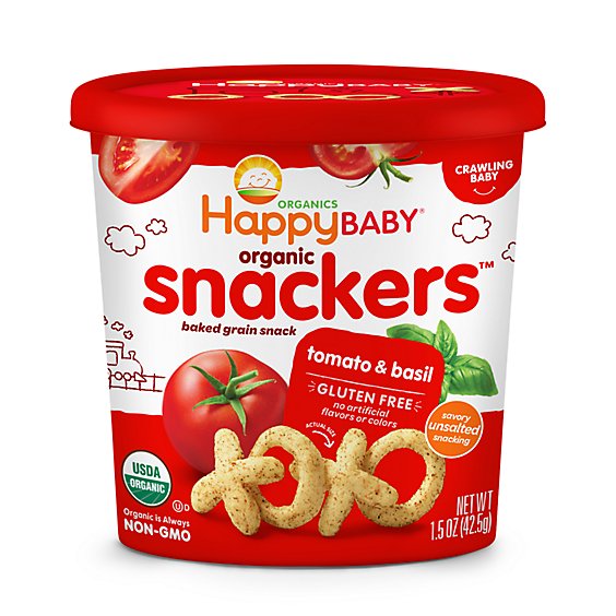 Happy Baby Organic Snackers Gluten Free Baked Grain Snack Tomato And Basil Cup - 1.5 Oz
