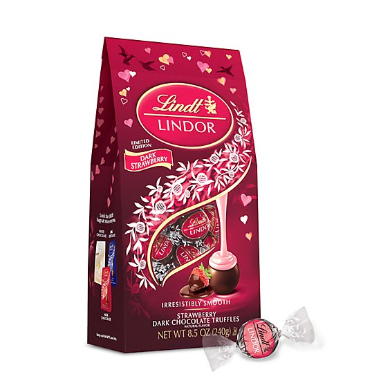 Lindt LINDOR Valentines Strawberry Dark Chocolate Candy Truffles Bag - 8.5 Oz