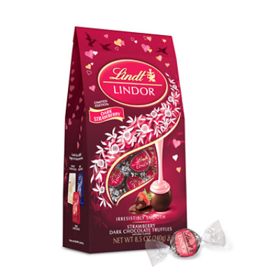 Lindt LINDOR Valentines Strawberry Dark Chocolate Candy Truffles Bag - 8.5 Oz - Image 1