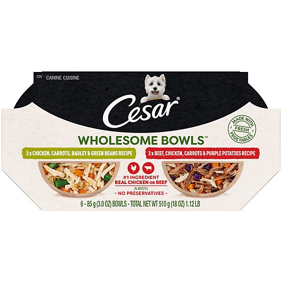Cesar Wholesome Bowls Chicken Green Beans/Beef Chicken & Potatoes Adult Soft Wet Dog Food - 6-3 Oz