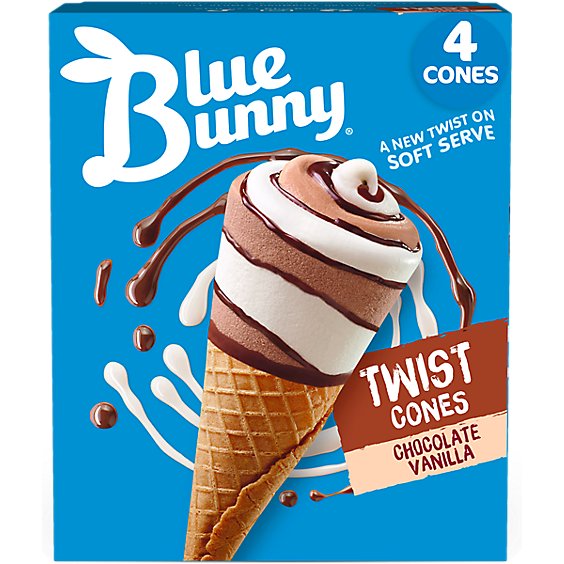 Blue Bunny Chocolate Vanilla Twist Cones Frozen Dessert For Summer - 4 Count