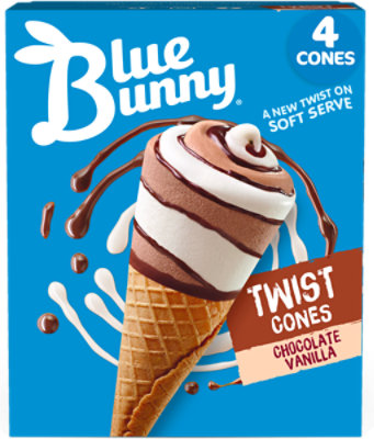 Blue Bunny Chocolate Vanilla Twist Cones Frozen Dessert For Summer - 4 Count