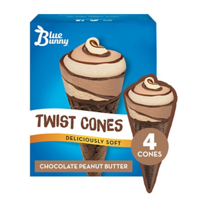 Blue Bunny Chocolate Peanut Butter Twist Cones Frozen Dessert For Summer - 4 Count