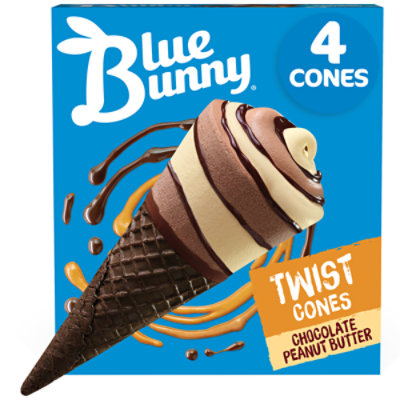 Blue Bunny Chocolate Peanut Butter Twist Cones Frozen Dessert For Summer - 4 Count