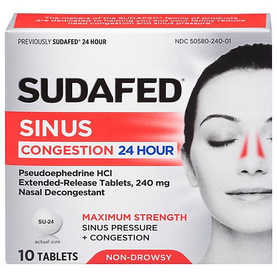 Sudafed 24 Hour Non Drowsy Nasal Decongestant Tablets - 10 Count
