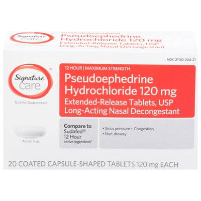 Signature Care Pseudoephedrine Hydrochloride 12 Hour Nasal Decongestant Tablets - 20 Count