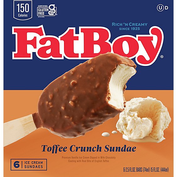 The Original Fatboy Toffee Sundae On A Stick Ice Cream Bar. Six Bars Per Pack - 15 FZ