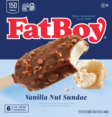 The Original Fatboy Nut Sundae On A Stick Vanilla Ice Cream Bar. Six Bars Per Pack - 15 FZ