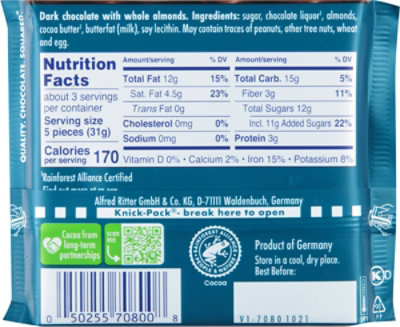 Ritter Sport Bar Choc Dk Whl Almnd - 3.5 OZ - Image 5