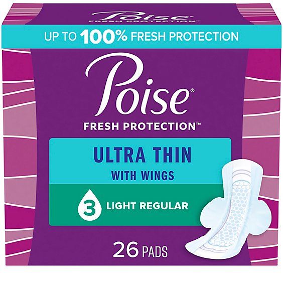Poise 3 Drop Light Absorbency Ultra Thin Incontinence Pads With Wings - 48 Count