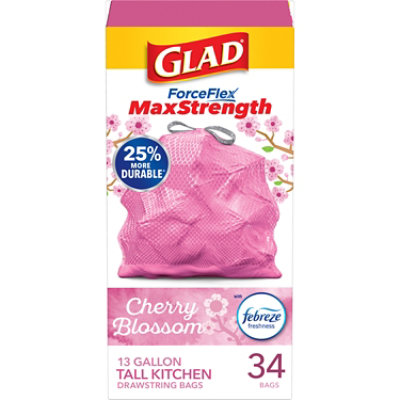 Glad ForceFlex MaxStrength Tall Kitchen Drawstring Trash Bags 13 Gallon Cherry Blossom - 34 Count - Image 1