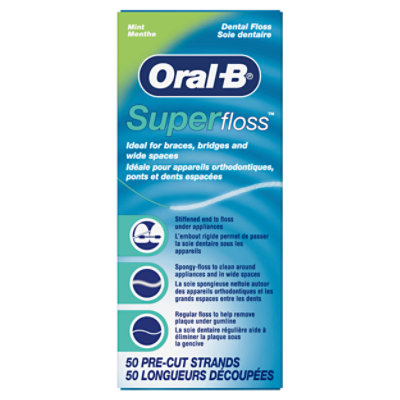 Oral-b Super Floss Pre-cut Strands Dental Floss For Bridges Braces And Wide Spaces 50 Strands - 50 CT - Image 1