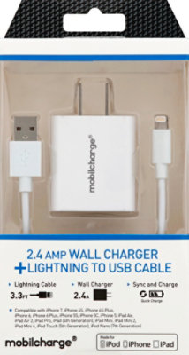 Mfi Combo 2.4a Sngl Port Wall Charger 3.3ft Lightning Cable Whte - EA - Image 2