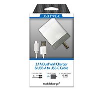 Ul 3.1 2 Port Usb Wall Charger & Usb Type C To Usb A Cable White - EA