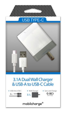 Ul 3.1 2 Port Usb Wall Charger & Usb Type C To Usb A Cable White - EA - Image 1