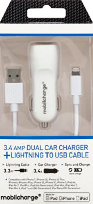 Mfi Combo 3.4a Dual Car Charger / 3.2ft Lightning Cable - White - EA - Image 2