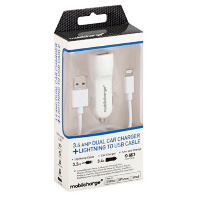 Mfi Combo 3.4a Dual Car Charger / 3.2ft Lightning Cable - White - EA - Image 1