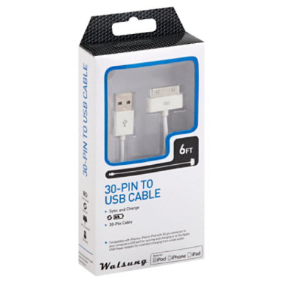 Mfi 30 Pin Sync Charge Cable 6feet -white - EA - Image 1