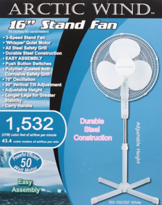 Artic Wind 16 Inch Stand Fan White 3 Speeds Oscillation Button Adjustable Height 1 Count - Each - Image 4