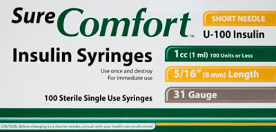Sure Comfort Insulin Syringes 31gx5/16x1cc - 100 CT - Image 2