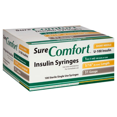 Sure Comfort Insulin Syringes 31gx5/16x1cc - 100 CT - Image 1