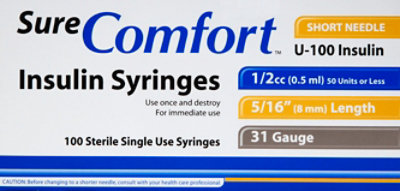 Sure Comfort Insulin Syringes 31gx5/16x1/2cc - 100 CT - Image 2