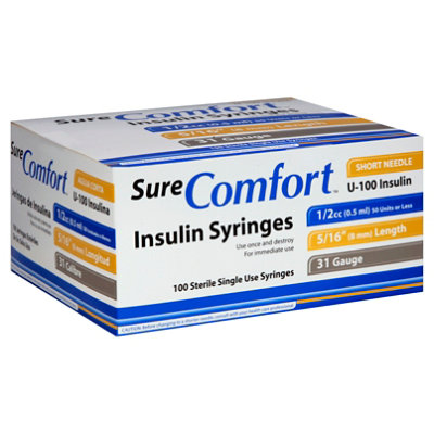 Sure Comfort Insulin Syringes 31gx5/16x1/2cc - 100 CT - Image 1